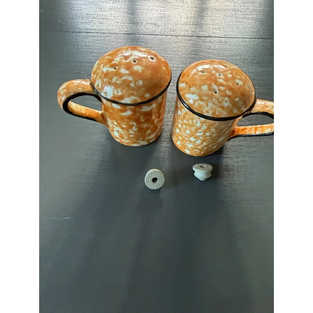 Stangl Town & Country Orange Splatter Ware Round Salt & Pepper Shakers -Stoppers